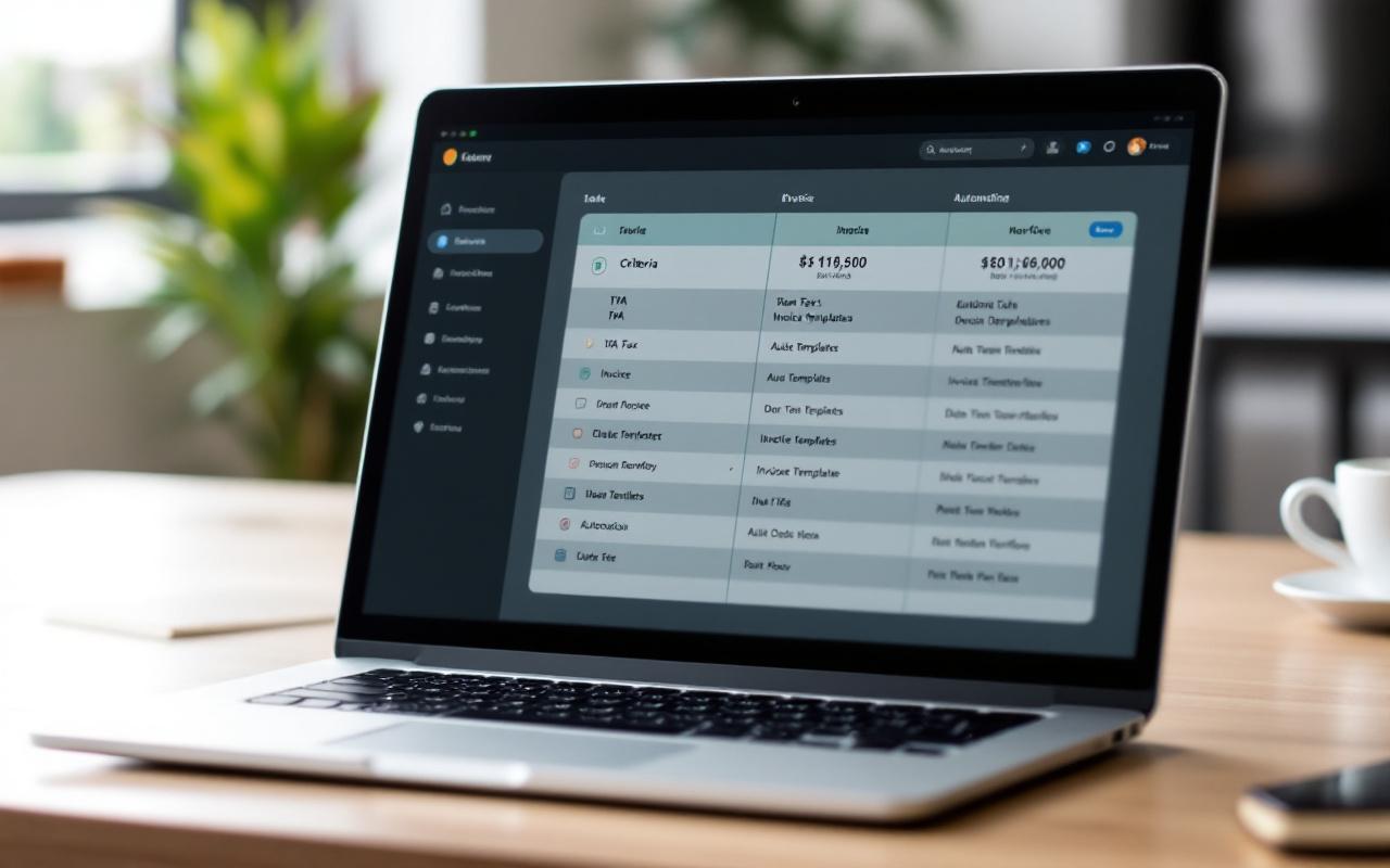 Écran d’ordinateur montrant la comparaison de logiciels comptables avec un tableau de critères, des champs de TVA, des modèles de facturation et des indicateurs d’automatisation dans un contexte professionnel.