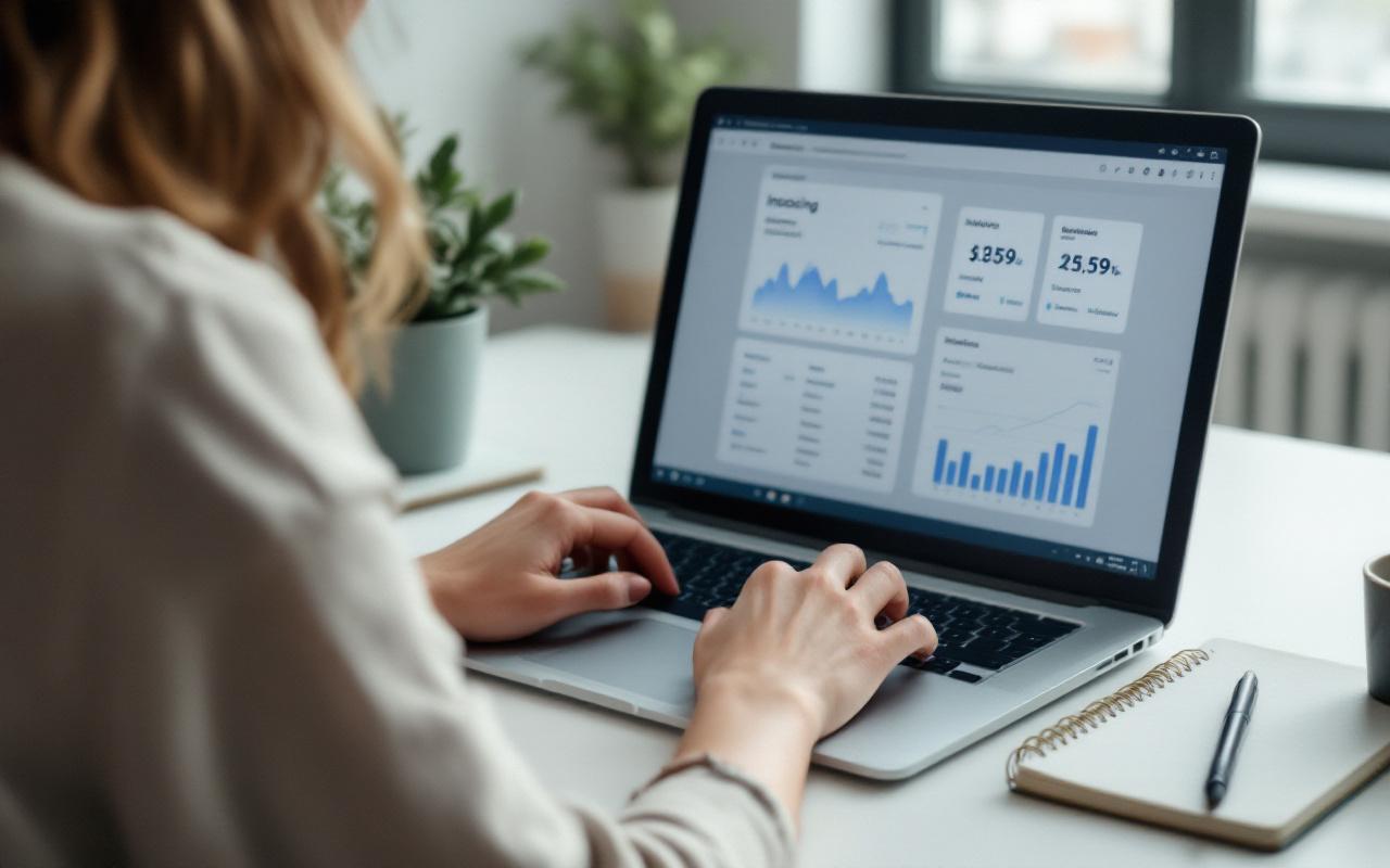 Une femme indépendante travaille sur un ordinateur portable dans un bureau sobre, en consultant un tableau de bord comptable avec des factures et des graphiques de trésorerie.