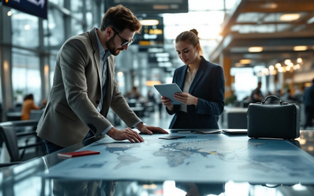 Une équipe commerciale en déplacement dans un aéroport international consulte des documents de voyage et une carte du monde, dans une ambiance professionnelle et lumineuse.