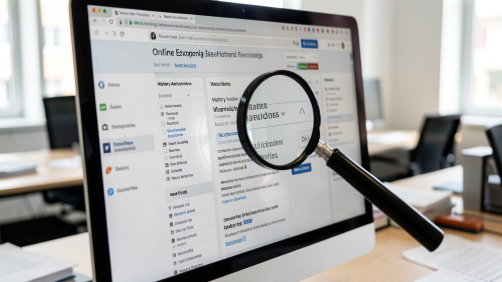 Écran d’ordinateur dans un bureau éditorial B2B, avec une loupe pointant vers une section d’historique et de versions d’une page encyclopédique en ligne, vue rapprochée et ambiance professionnelle.