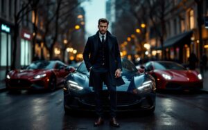 Portrait éditorial d’un homme passionné d’automobile de luxe, posant près de plusieurs voitures haut de gamme dans une rue urbaine premium au crépuscule, éclairage cinématographique et style journalistique.