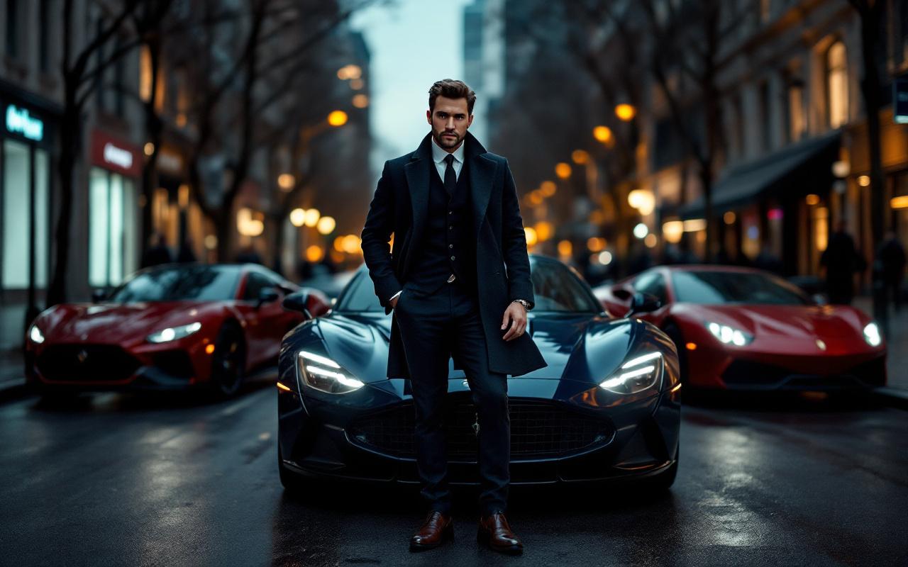 Portrait éditorial d’un homme passionné d’automobile de luxe, posant près de plusieurs voitures haut de gamme dans une rue urbaine premium au crépuscule, éclairage cinématographique et style journalistique.