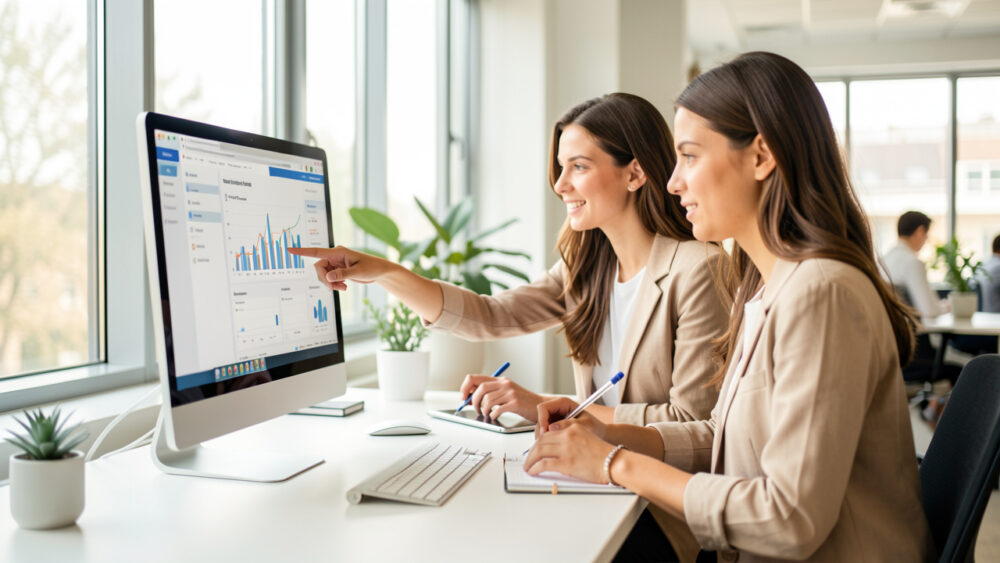 Deux femmes en équipe marketing analysent la relation client sur un ordinateur dans un bureau moderne très lumineux, sous la lumière naturelle des grandes fenêtres.