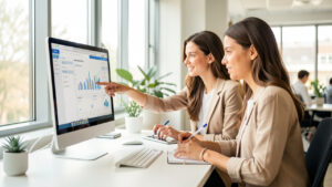 Deux femmes en équipe marketing analysent la relation client sur un ordinateur dans un bureau moderne très lumineux, sous la lumière naturelle des grandes fenêtres.