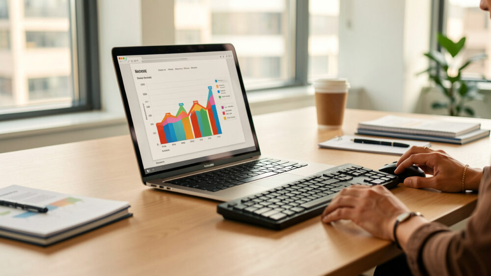 Bureau marketing moderne et lumineux avec un ordinateur portable affichant des graphiques de performance web sur une table bien rangée.
