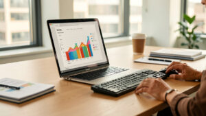 Bureau marketing moderne et lumineux avec un ordinateur portable affichant des graphiques de performance web sur une table bien rangée.