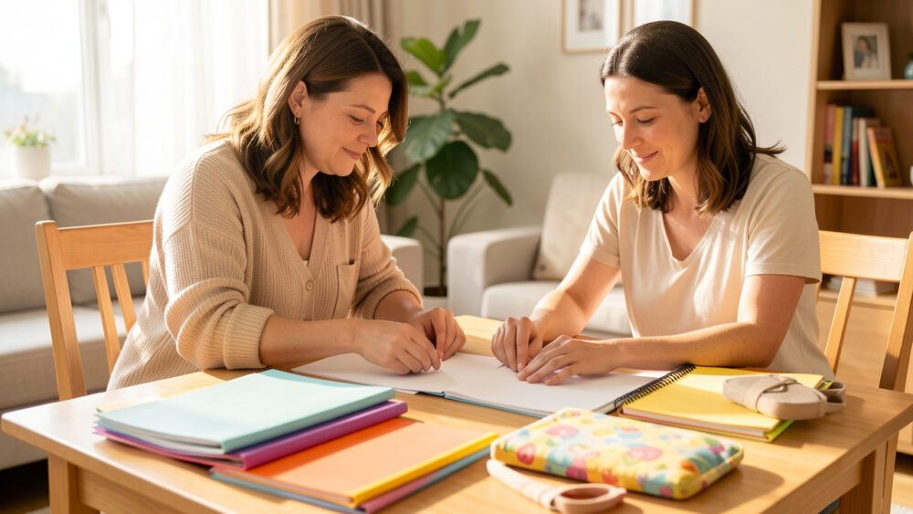 Deux parents organisent sereinement des documents scolaires vierges, des dossiers colorés et des affaires d’enfants autour d’une table lumineuse.