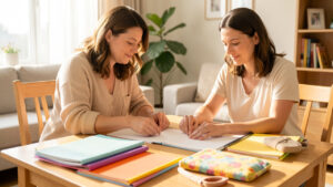 Deux parents organisent sereinement des documents scolaires vierges, des dossiers colorés et des affaires d’enfants autour d’une table lumineuse.