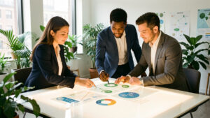 Deux femmes et un homme analysent ensemble des indicateurs écologiques abstraits sur une table lumineuse, dans un bureau moderne entouré de plantes vertes.