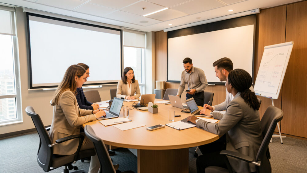 Équipe professionnelle mixte préparant un événement dans une salle de réunion moderne avec écrans et espace de collaboration.