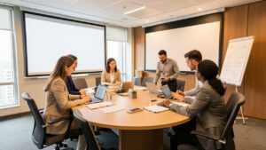 Équipe professionnelle mixte préparant un événement dans une salle de réunion moderne avec écrans et espace de collaboration.