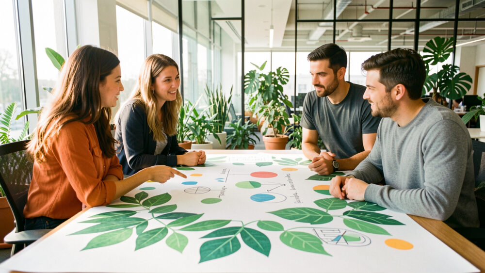 Équipe marketing composée de deux femmes et deux hommes réunis dans un bureau lumineux devant un tableau illustrant une stratégie environnementale avec des formes et des éléments végétaux.