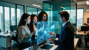 Une équipe marketing composée de deux femmes et d’un homme analyse un tableau de bord numérique lumineux aux graphiques abstraits dans un bureau moderne.