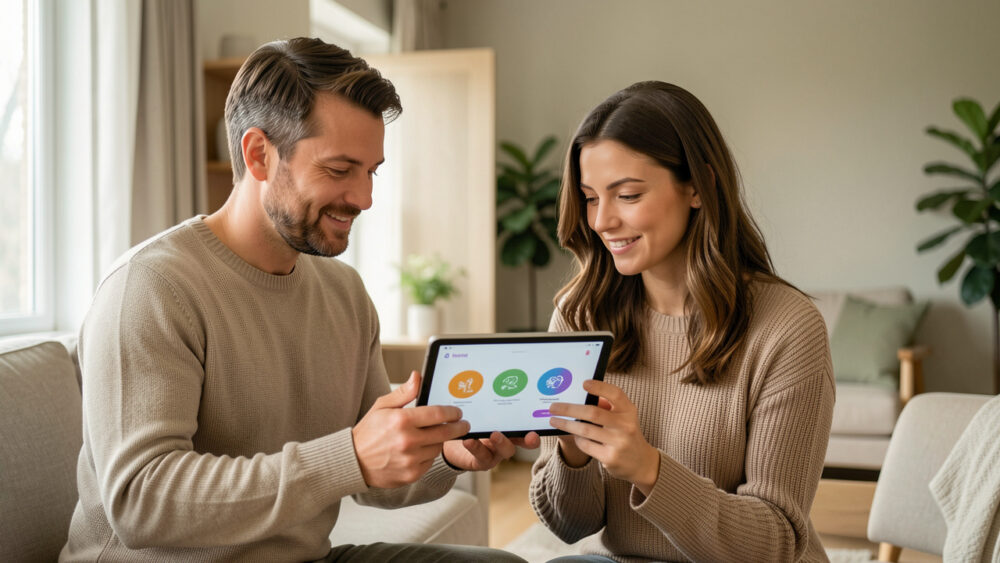 Un homme et une femme séparés consultent ensemble une tablette affichant une interface familiale abstraite dans des intérieurs modernes et apaisants.
