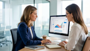 Une professionnelle analyse les performances de ses publications sur un ordinateur dans un bureau moderne et lumineux.