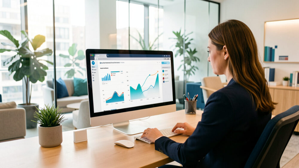 Une professionnelle analyse des graphiques de performance sur un ordinateur dans un bureau lumineux à l’ambiance marketing B2B.