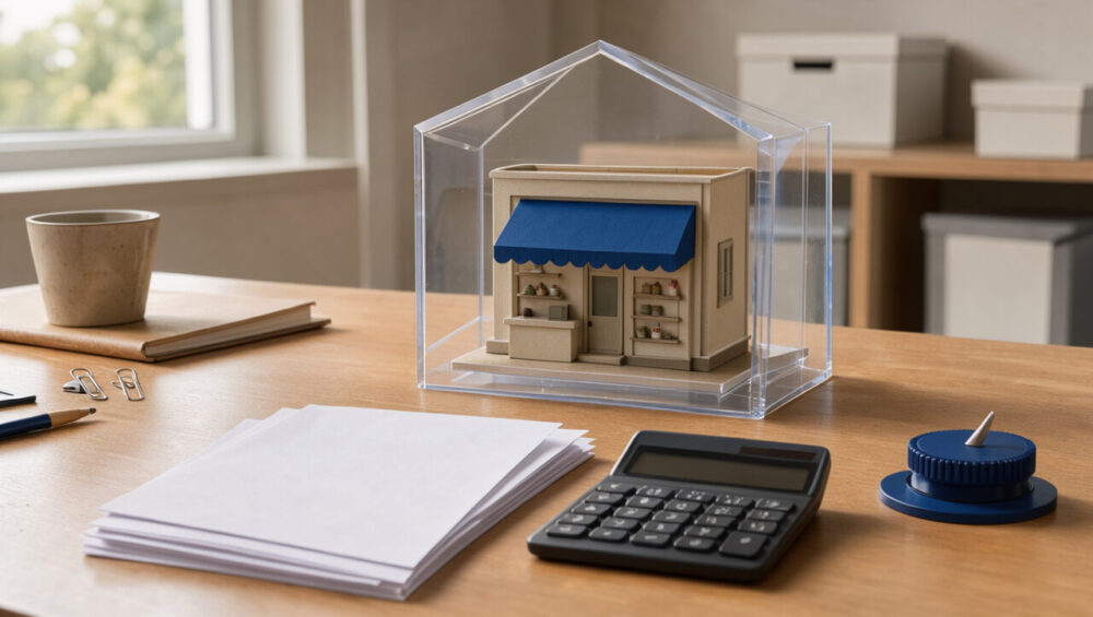 Concept visuel d’une assurance entreprise adaptée, avec une petite boutique protégée par un bouclier transparent et des éléments de gestion disposés sur un bureau.