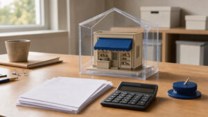 Concept visuel d’une assurance entreprise adaptée, avec une petite boutique protégée par un bouclier transparent et des éléments de gestion disposés sur un bureau.