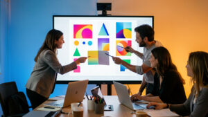 Deux femmes et un homme d’une équipe marketing collaborent autour d’un grand écran affichant des formes abstraites dans un studio créatif moderne.