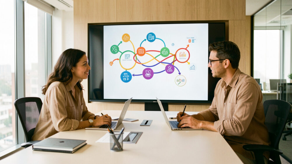 Une équipe marketing composée de deux femmes et d’un homme analyse un parcours client visuel abstrait sur un grand écran dans un bureau moderne et lumineux.