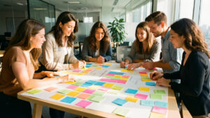 Équipe diversifiée de femmes et d’hommes collaborant autour d’un grand tableau de positionnement avec des post-its colorés vierges, dans un bureau moderne baigné de lumière naturelle.