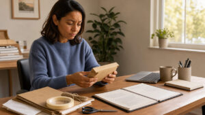 Une femme examine attentivement un colis et des documents vierges sur son bureau avant d’accepter une offre de travail d’emballage à domicile.